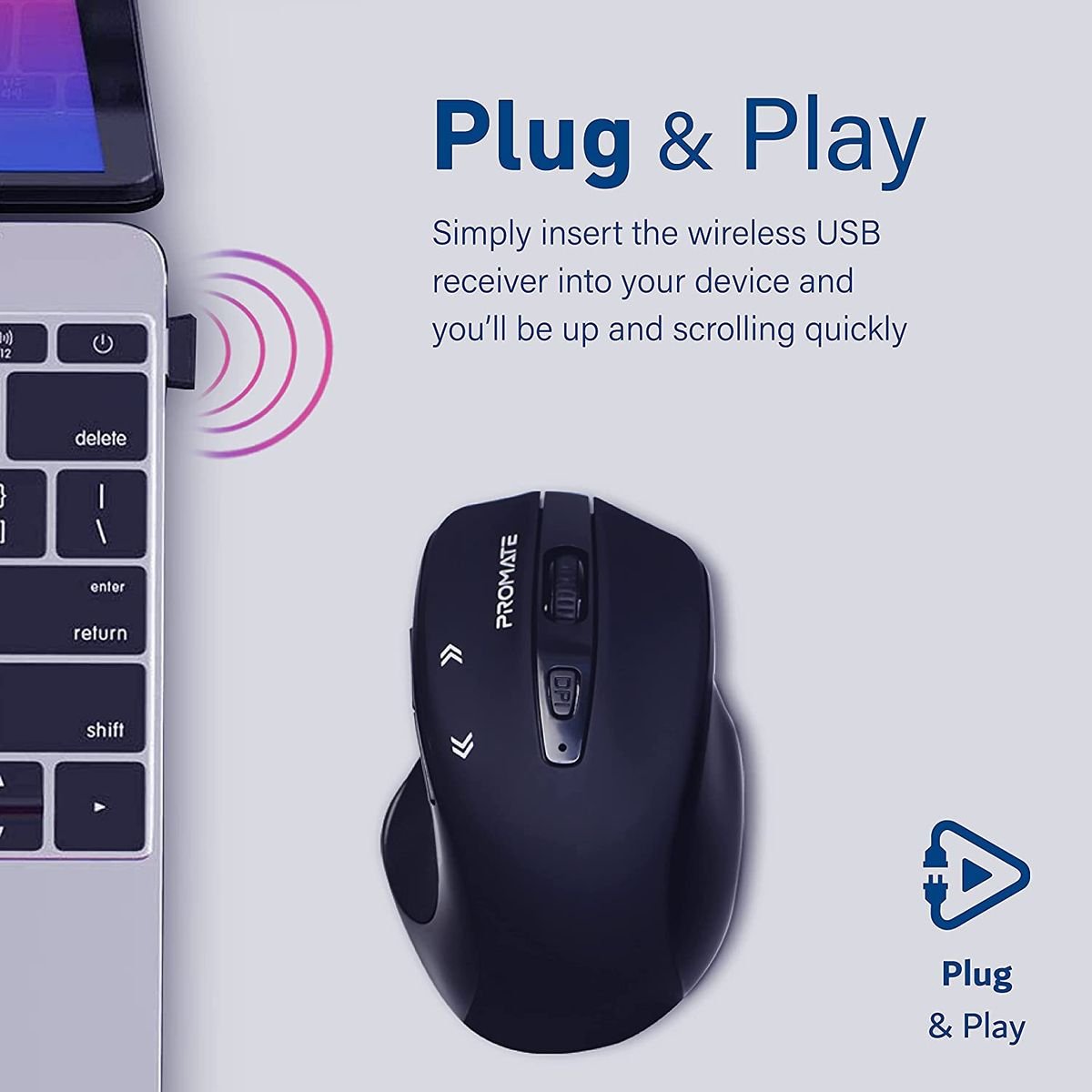 Promate Cursor EZGrip™ Ergonomic Wireless Mouse – 800/1200/1600 DPI. Nano USB Receiver. 10m Range. Sleep Mode:圖片 12
